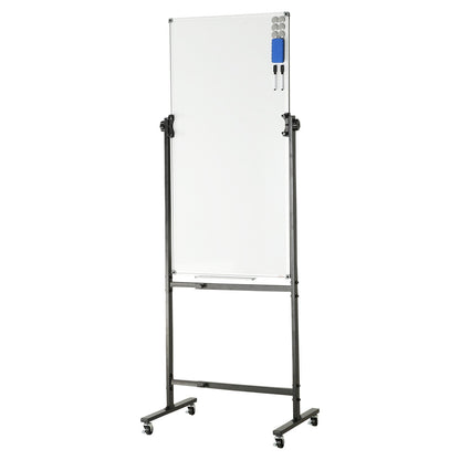 Rolling Magnetic Whiteboard, dubbelsidig mobil whiteboardtavla 24x48 tum, justerbar höjd torrraderingstavla med hjul, 1 magnetradering & 3 torrraderingsmarkörer och flyttbar bricka för kontorsskola