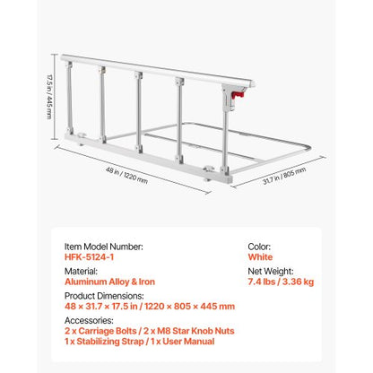 Hopfällbar sänggrind för äldre, 122 cm sängkant med fästrem, justerbar höjd, sängkant i metall med hög hållfasthet, handskydd för äldre personer, passar king size-säng, queen size-säng, full size-säng och twin-säng |  EU