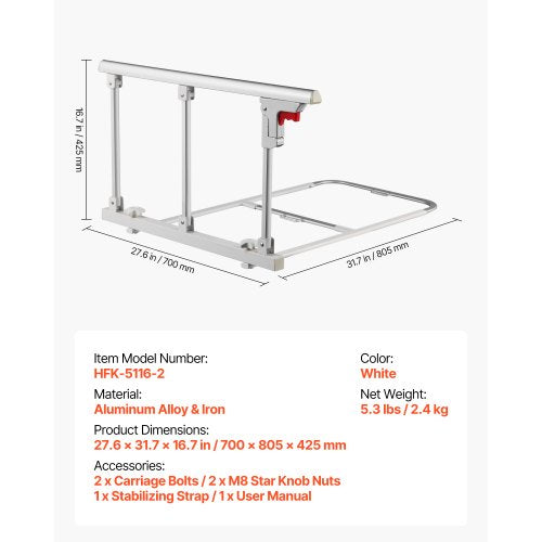 Hopfällbar sänggrind för äldre, 70 cm sängkant med fästrem, justerbar höjd, sängkant i metall med hög hållfasthet, handskydd för äldre personer, passar king size-säng, queen size-säng, full size-säng och twin-säng |  EU