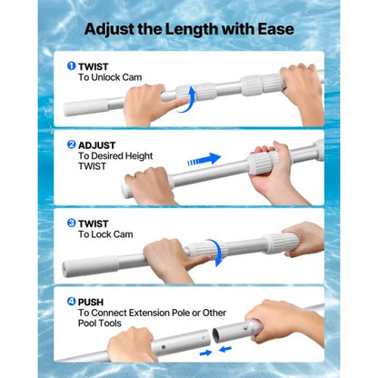 Poolstång, 1 till 3,65 mm teleskopiska poolrengöringsstänger, professionell justerbar teleskopstång med förlängningsstång, kraftig rengöringsstav för skimmernät, kratta, borste, dammsugshuvud |  EU