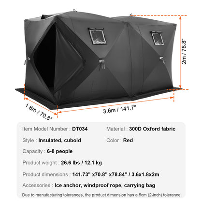 6-8 People Ourdoor Portable Ice Shelter Pop-Up Ice Fishing Shanty Tent