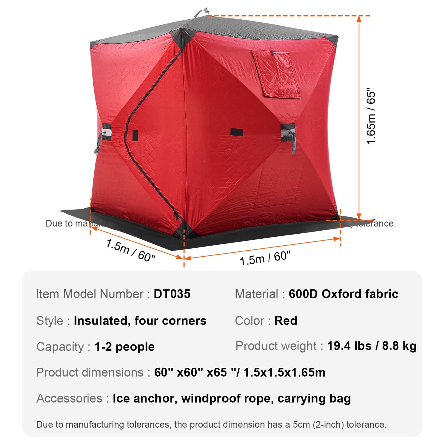 1-2 Person Ourdoor Portable Ice Shelter Pop-Up Ice Fishing Shanty Tent