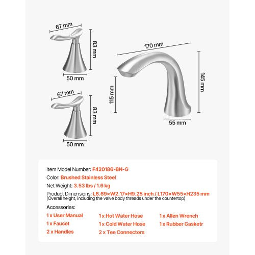 romersk badkarsblandare, 3-håls vattenfallsblandare, badkarsblandare med svanhals och 2 handtag, däckmonterad badkarsblandare för babyvård, vuxenbad, borstat rostfritt stål, hög båge |  EU