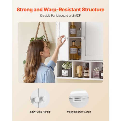 Badrumsväggskåp, 2 dörrar och justerbar hylla, Förvaring över toaletten Medicinskåp Väggmonterad, Hängande Organiserare med Hyllor och Öppen Skiljevägg för Tvättstuga Kök Toalett, Vit |  EU