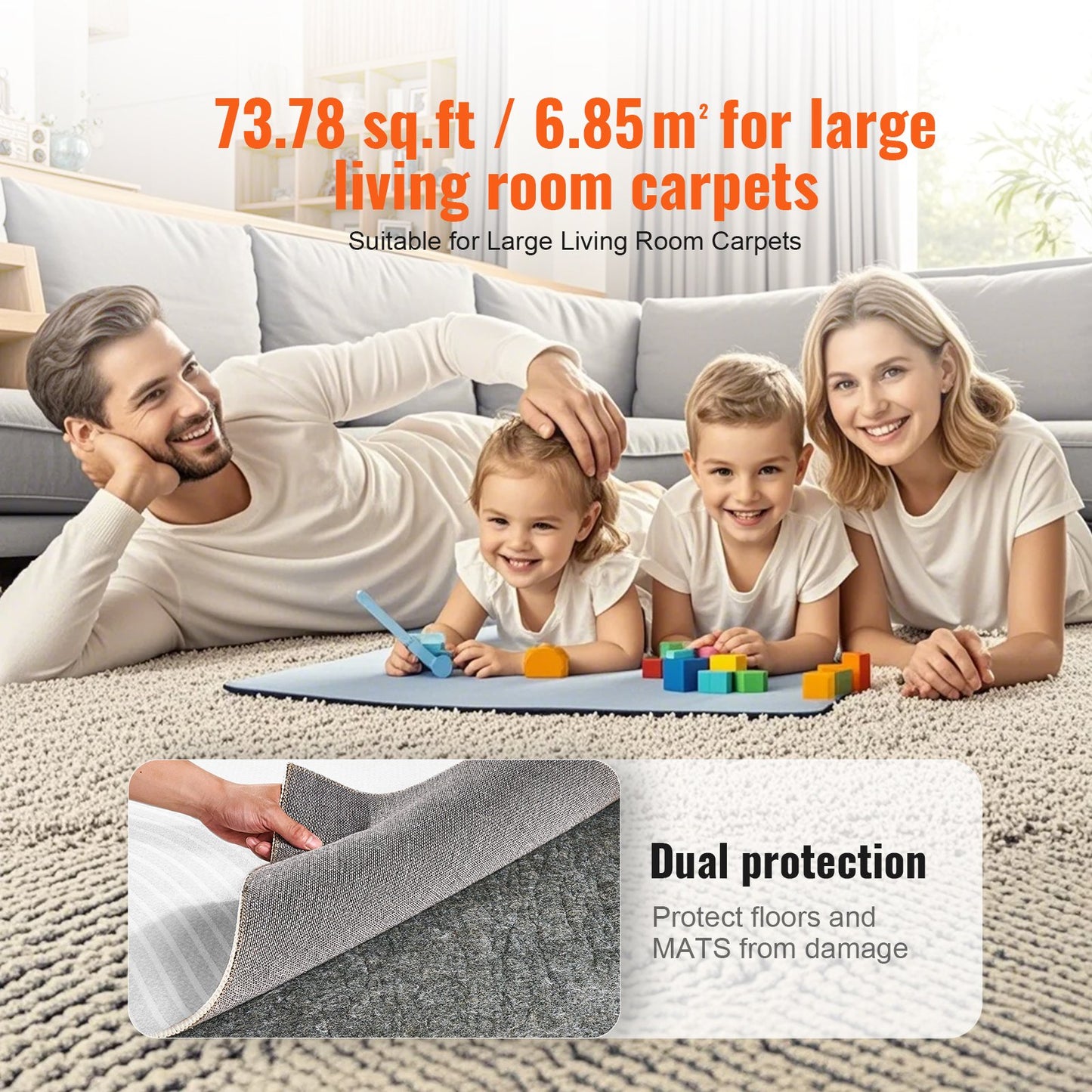 Carpet Pad Gripper 8' x 10' Protective Carpet Pad 0.47" Thick for All Floors