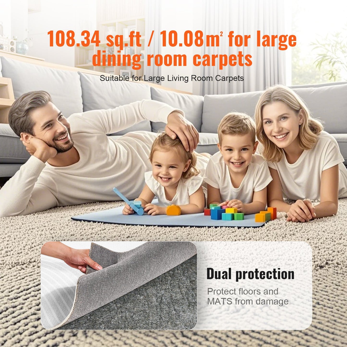 Carpet Pad Gripper 9' x 12' Protective Carpet Pad 0.24" Thick for All Floors