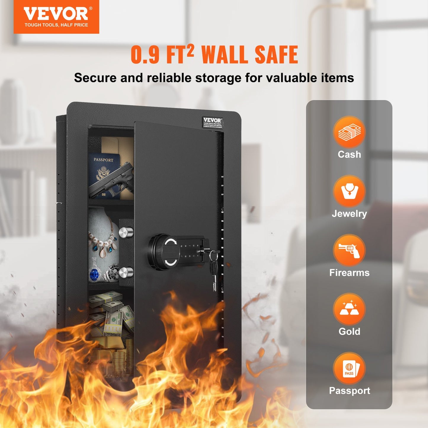 25,59" Tall Wall Safe 3-Leder Hidden Safe med knappsatshyllor och nyckelhållare