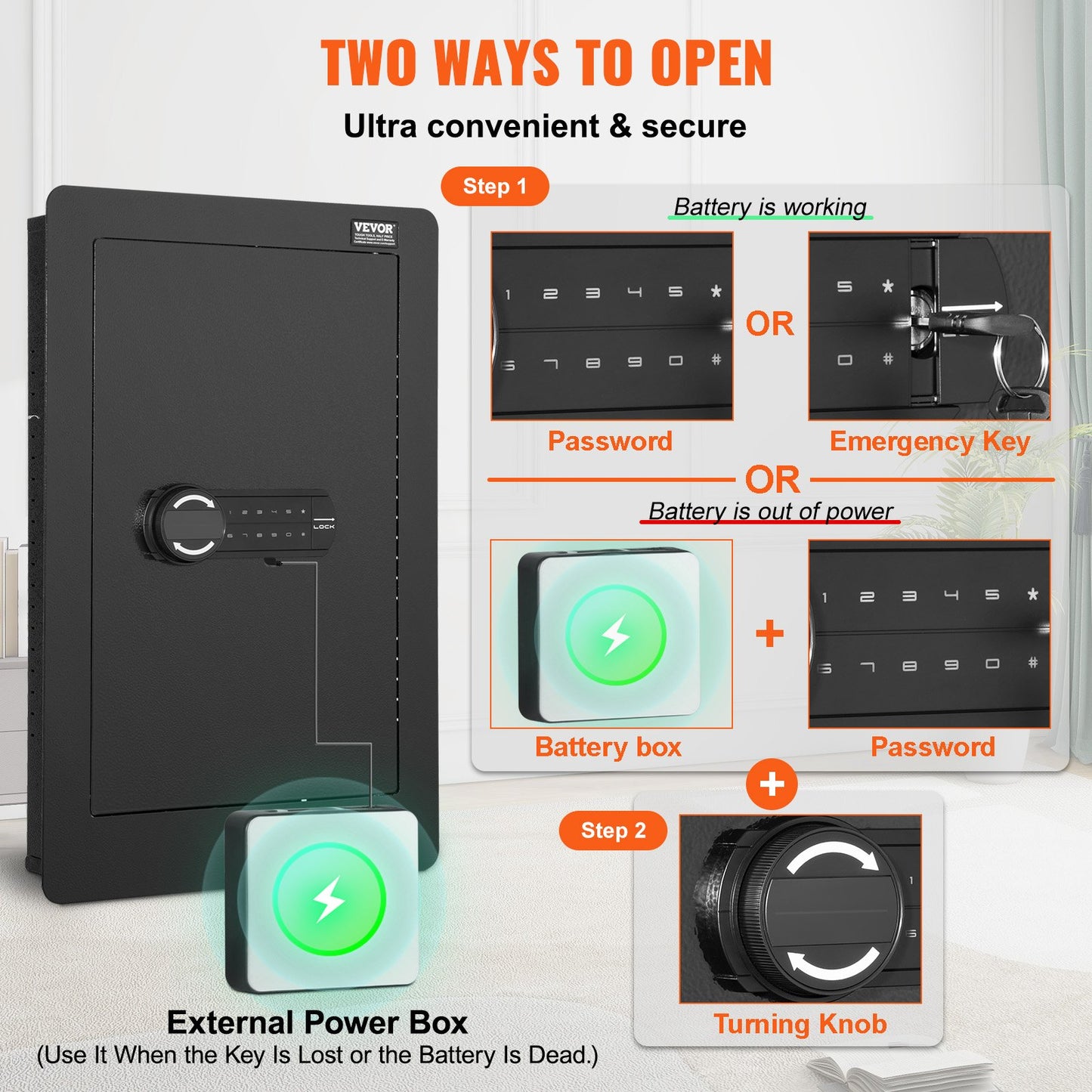 25,59" Tall Wall Safe 3-Leder Hidden Safe med knappsatshyllor och nyckelhållare