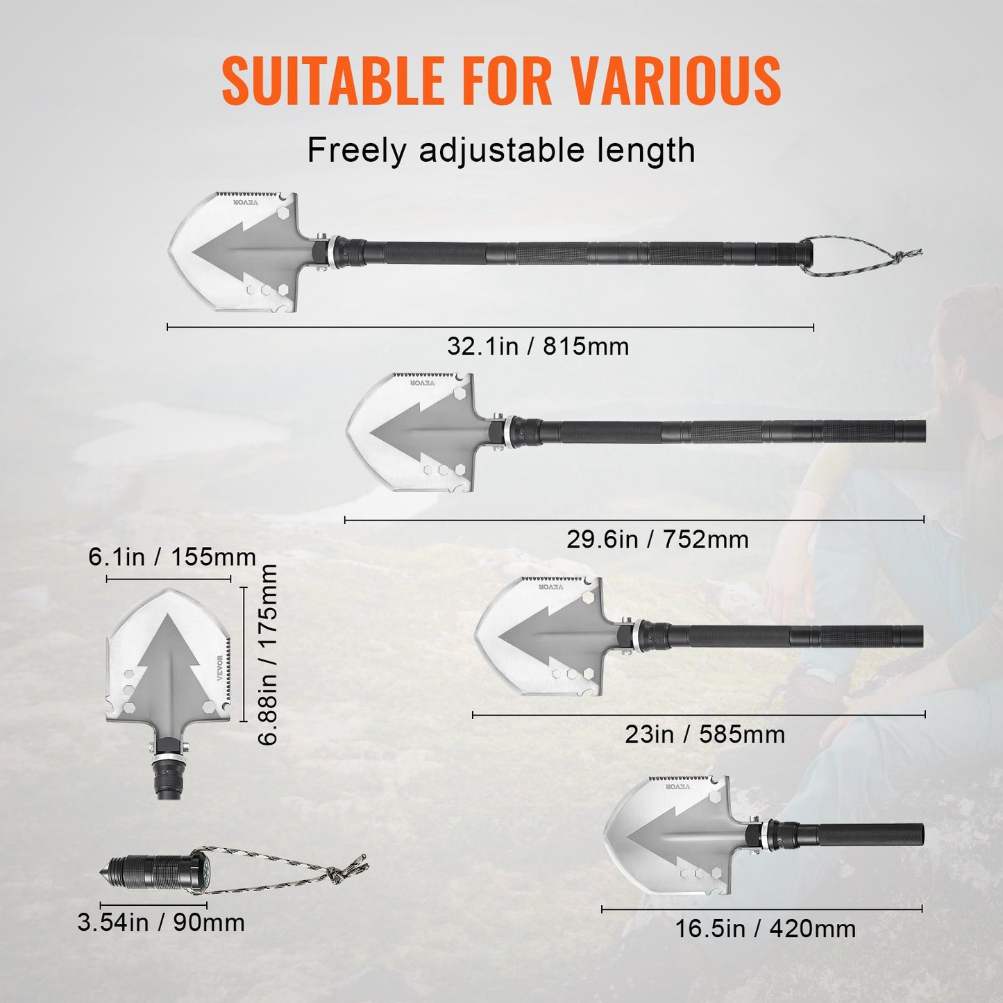 Survival Shovel 11 i 1 Camping Shovel Folding Multitool Portable Compact