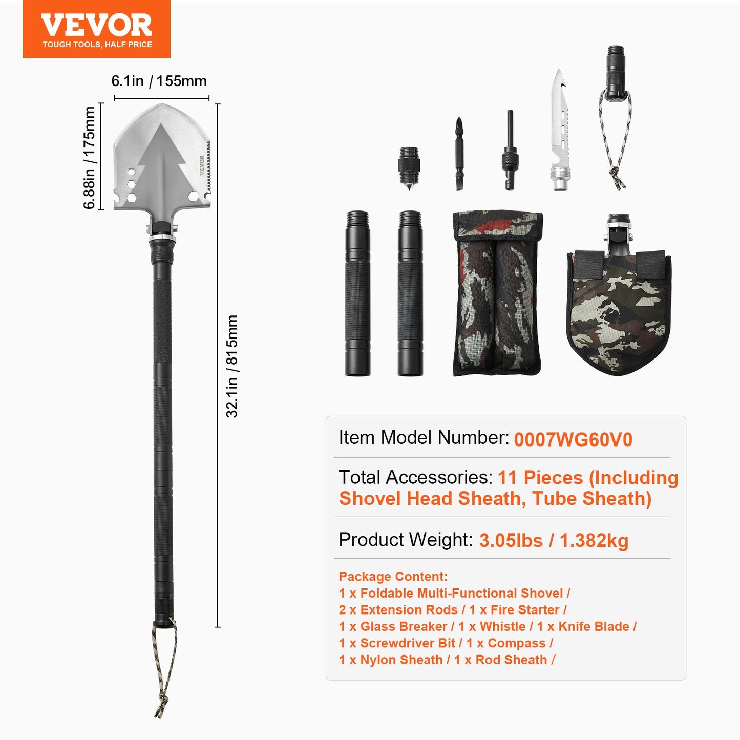 Survival Shovel 11 i 1 Camping Shovel Folding Multitool Portable Compact