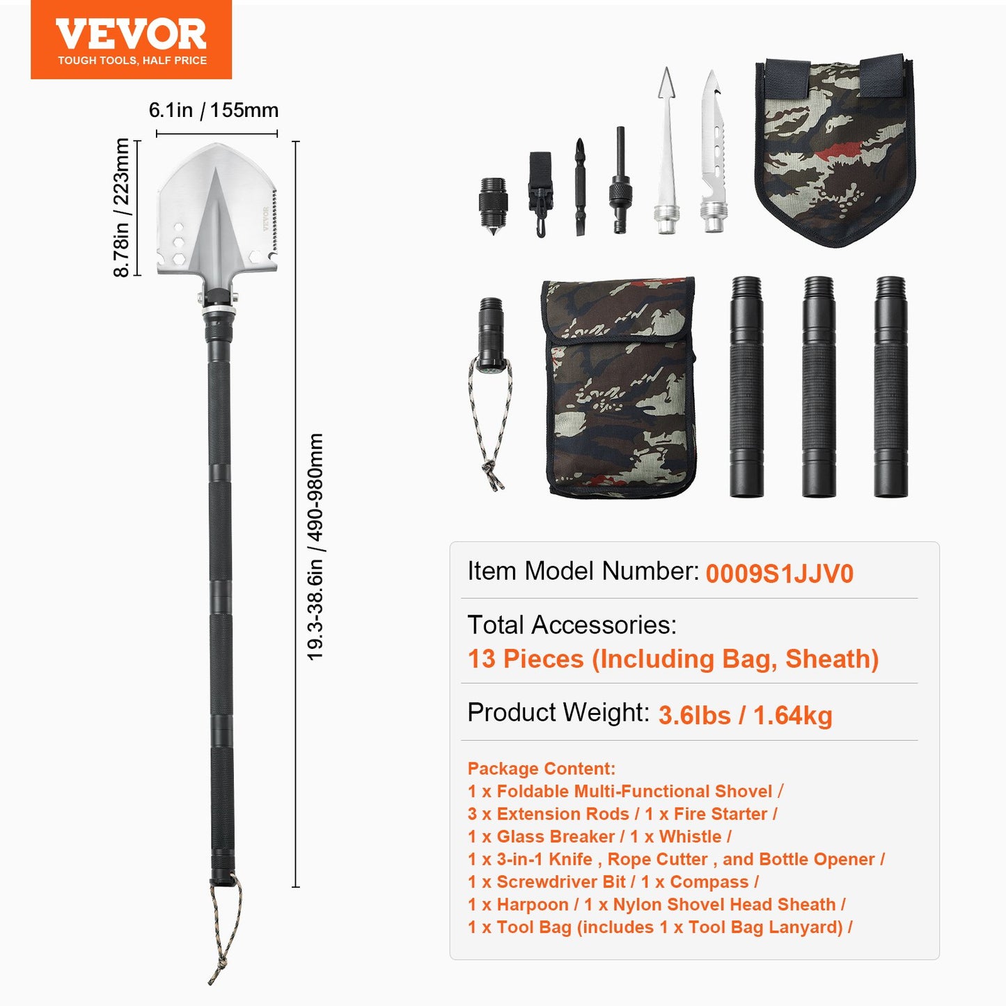 Survival Shovel 13 i 1 Camping Shovel Folding Multitool Portable Compact