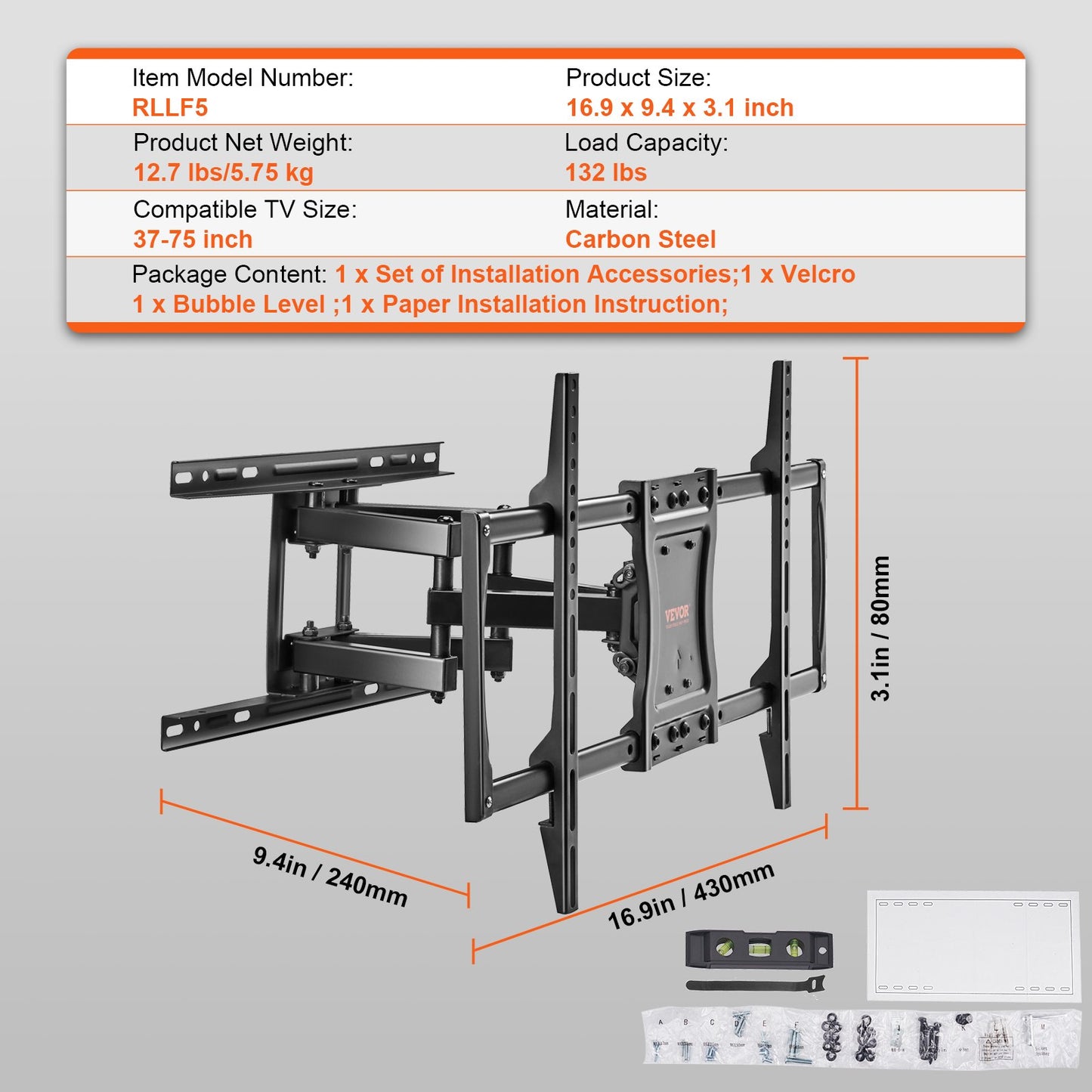 Full Motion TV Mount Fits most 37-75 inch TVs, Swivel Tilt Horizontal Adjustment TV Wall Mount with 4 Articulating Arms, Max VESA 600x400 mm, Holds up to 132 lbs
