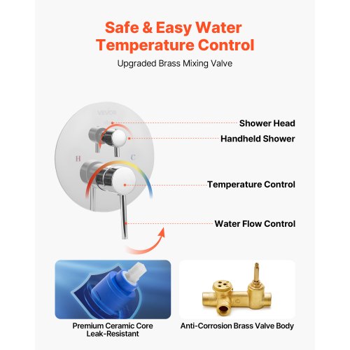 Duschblandare set, regnduschsystem för badrum med 10-tums (25,4 cm) runt regnduschhuvud och handhållen spray, väggmonterade badkarsarmaturer med mässingsventil och lister, silverkrom |  EU
