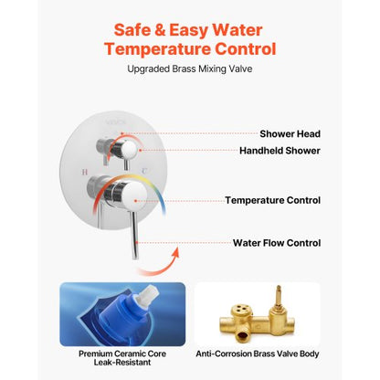 Duschblandare set, regnduschsystem för badrum med 10-tums (25,4 cm) runt regnduschhuvud och handhållen spray, väggmonterade badkarsarmaturer med mässingsventil och lister, silverkrom |  EU