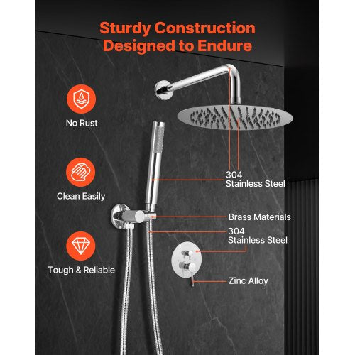 Duschblandare set, regnduschsystem för badrum med 10-tums (25,4 cm) runt regnduschhuvud och handhållen spray, väggmonterade badkarsarmaturer med mässingsventil och lister, silverkrom |  EU