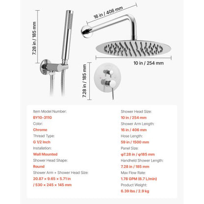 Duschblandare set, regnduschsystem för badrum med 10-tums (25,4 cm) runt regnduschhuvud och handhållen spray, väggmonterade badkarsarmaturer med mässingsventil och lister, silverkrom |  EU
