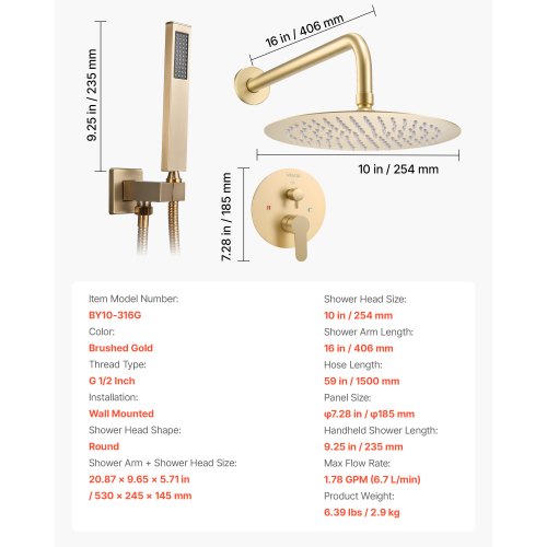 Duschblandare set 10" runt regnduschhuvud och handduschset borstat guld