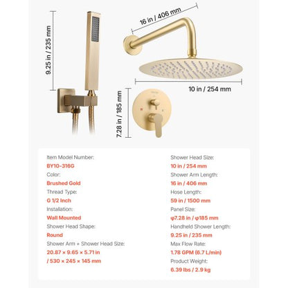 Duschblandare set 10" runt regnduschhuvud och handduschset borstat guld