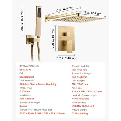Shower mixer set 30 cm square rain shower head and hand shower set brushed gold