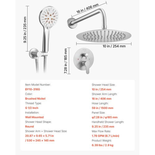 Duschblandare set 10" runt regnduschhuvud och handduschset borstad nickel