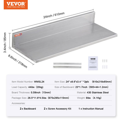 8,6" x 24" hylla i rostfritt stål, väggmonterade flytande hyllor med backsplash, 44 lbs lastkapacitet kommersiella hyllor, Heavy Duty förvaringsställ för restaurang, kök, bar, hem och hotell