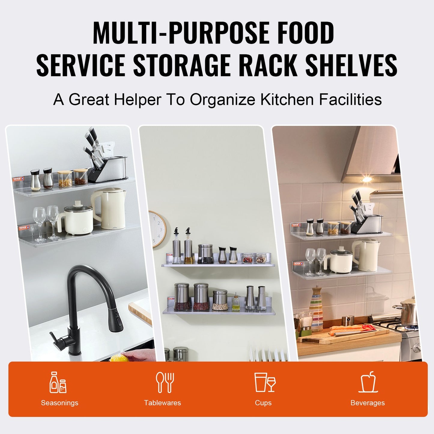 8.6" x 30" Stainless Steel Shelf, Wall Mounted Floating Shelves with Backsplash, 44 lbs Load Capacity Commercial Shelves, Heavy Duty Storage Rack for Restaurant, Kitchen, Bar, Home and Hotel