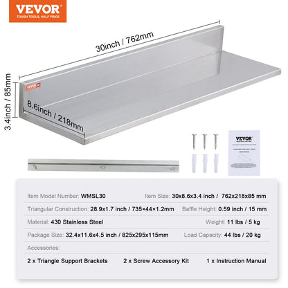 8.6" x 30" Stainless Steel Shelf, Wall Mounted Floating Shelves with Backsplash, 44 lbs Load Capacity Commercial Shelves, Heavy Duty Storage Rack for Restaurant, Kitchen, Bar, Home and Hotel