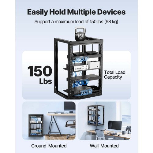 15U väggmonterat serverrack, 68,04 kg maxlastkapacitet, nätverksrack med öppen ram och 180 graders svängdörr, kolstål, perfekt för IT-nätverksutrustning och AV-enheter, datorserver, svart |  EU