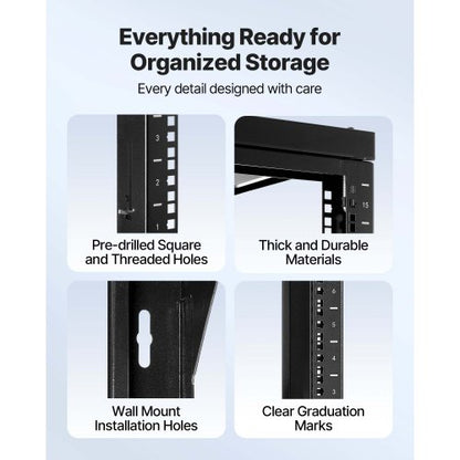 15U väggmonterat serverrack, 68,04 kg maxlastkapacitet, nätverksrack med öppen ram och 180 graders svängdörr, kolstål, perfekt för IT-nätverksutrustning och AV-enheter, datorserver, svart |  EU
