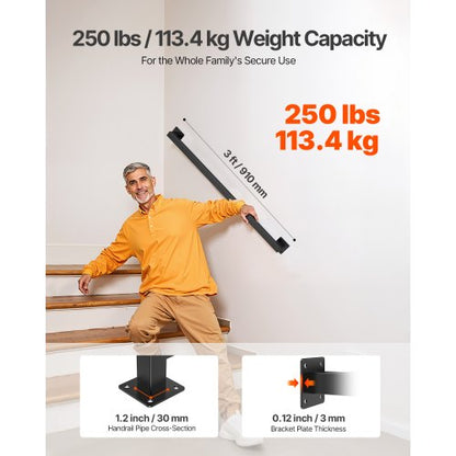 1215 mm väggmonterad trappräcke svart järn 113 kg belastning fyrkantigt rör |  EU