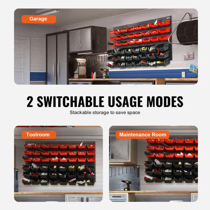 Wall Mounted Storage Bins, 48-Bin Parts Rack Organizer Garage Plastic Shop Tool with Wall Panels, Tool Organizer for Nuts, Bolts, Screws, Nails, Beads, Buttons, Other Small Parts, Black and Red