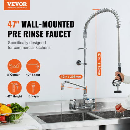 Gewerblicher Wasserhahn mit Vorspülbrause, 119 cm Höhe, 20 cm Mitte, 30 cm Schwenkauslauf, wandmontierter Spültischhahn, Messingeinheit mit ausziehbarer Brause, für 1/2/3 Becken