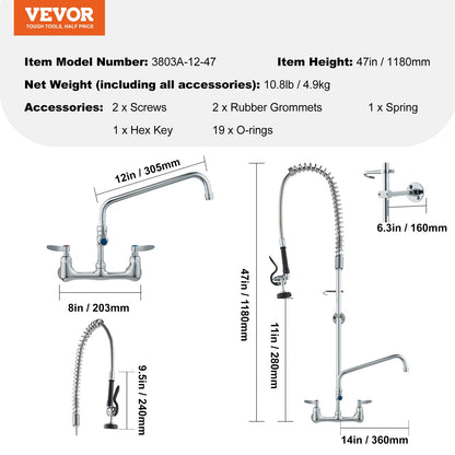Gewerblicher Wasserhahn mit Vorspülbrause, 119 cm Höhe, 20 cm Mitte, 30 cm Schwenkauslauf, wandmontierter Spültischhahn, Messingeinheit mit ausziehbarer Brause, für 1/2/3 Becken