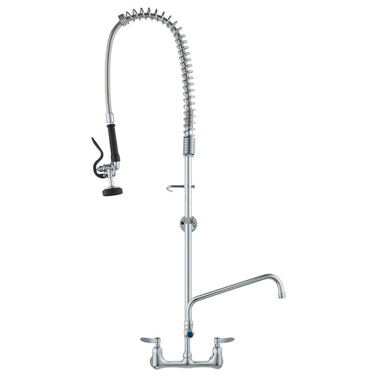 Kommersiell kran med försköljningsspruta, 47" höjd, 8" mitt, 12" svängpip, väggmonterad diskbänkskran, mässingskonstruerad enhet med neddragningsspray, för 1/2/3 fack diskbänk