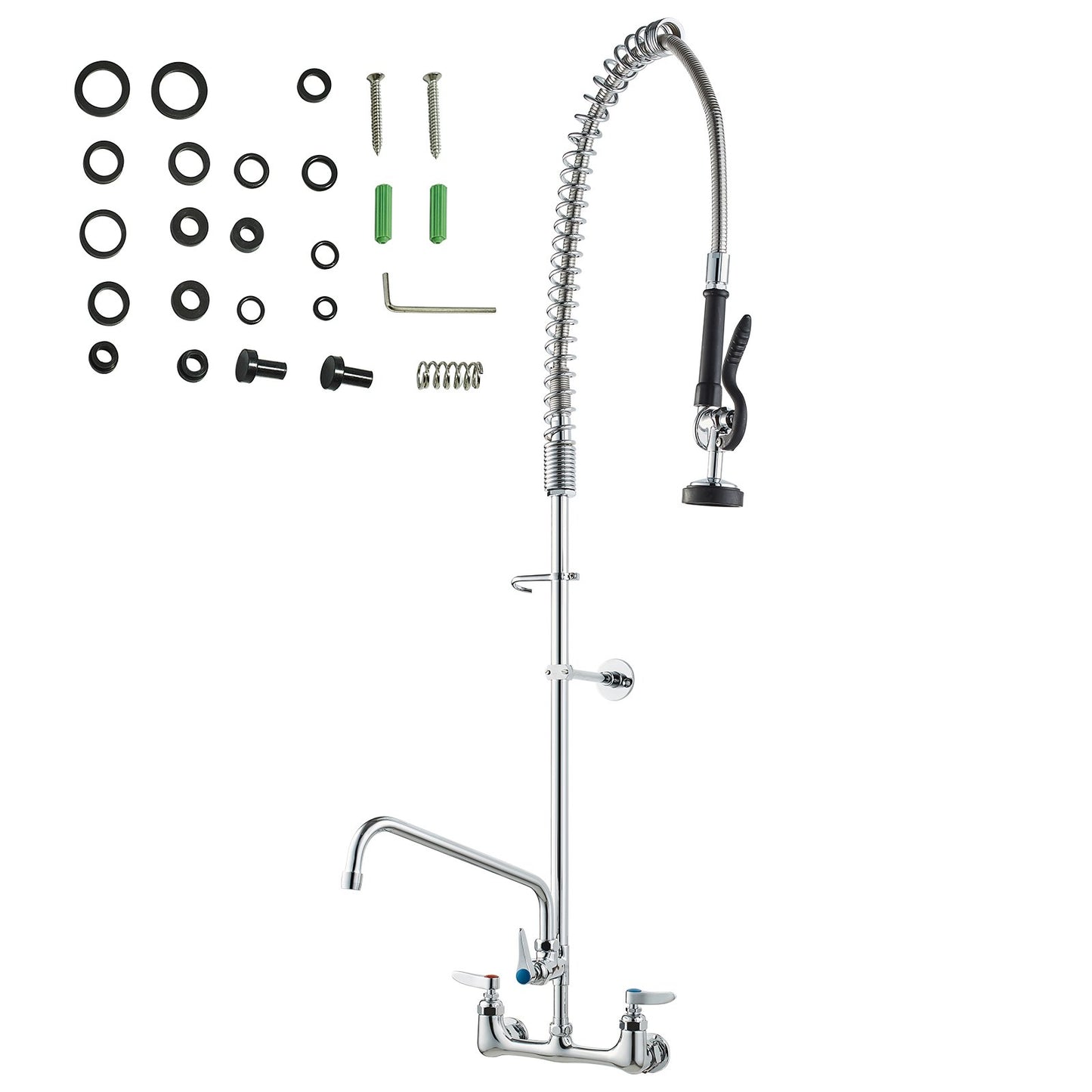 Gewerblicher Wasserhahn mit Vorspülbrause, 119 cm Höhe, 20 cm Mitte, 30 cm Schwenkauslauf, wandmontierter Spültischhahn, Messingeinheit mit ausziehbarer Brause, für 1/2/3 Becken