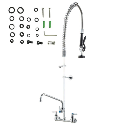 Gewerblicher Wasserhahn mit Vorspülbrause, 119 cm Höhe, 20 cm Mitte, 30 cm Schwenkauslauf, wandmontierter Spültischhahn, Messingeinheit mit ausziehbarer Brause, für 1/2/3 Becken