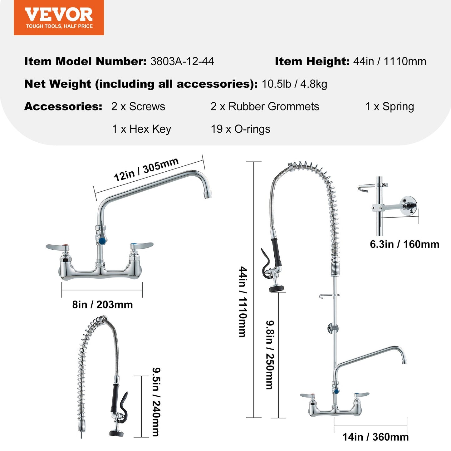 Commercial Faucet with Pre-Rinse Sprayer, 44" Height, 8" Center, 12" Swivel Spout, Wall Mounted Sink Faucet, Brass Constructed Unit with Pull-Down Spray, for 1/2/3-Bay Sink