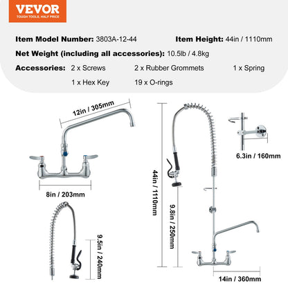 Commercial Faucet with Pre-Rinse Sprayer, 44" Height, 8" Center, 12" Swivel Spout, Wall Mounted Sink Faucet, Brass Constructed Unit with Pull-Down Spray, for 1/2/3-Bay Sink