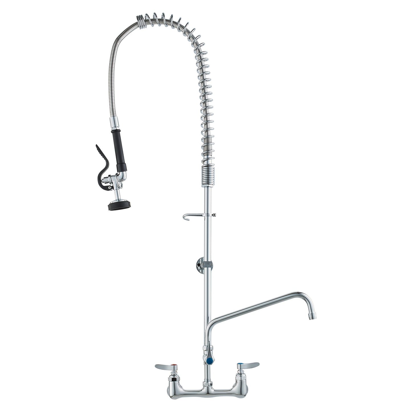 Commercial Faucet with Pre-Rinse Sprayer, 44" Height, 8" Center, 12" Swivel Spout, Wall Mounted Sink Faucet, Brass Constructed Unit with Pull-Down Spray, for 1/2/3-Bay Sink