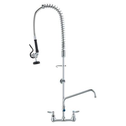 Commercial Faucet with Pre-Rinse Sprayer, 44" Height, 8" Center, 12" Swivel Spout, Wall Mounted Sink Faucet, Brass Constructed Unit with Pull-Down Spray, for 1/2/3-Bay Sink