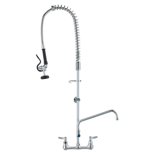 Commercial Faucet with Pre-Rinse Sprayer, 44" Height, 8" Center, 12" Swivel Spout, Wall Mounted Sink Faucet, Brass Constructed Unit with Pull-Down Spray, for 1/2/3-Bay Sink