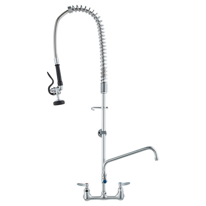 Commercial Faucet with Pre-Rinse Sprayer, 44" Height, 8" Center, 12" Swivel Spout, Wall Mounted Sink Faucet, Brass Constructed Unit with Pull-Down Spray, for 1/2/3-Bay Sink