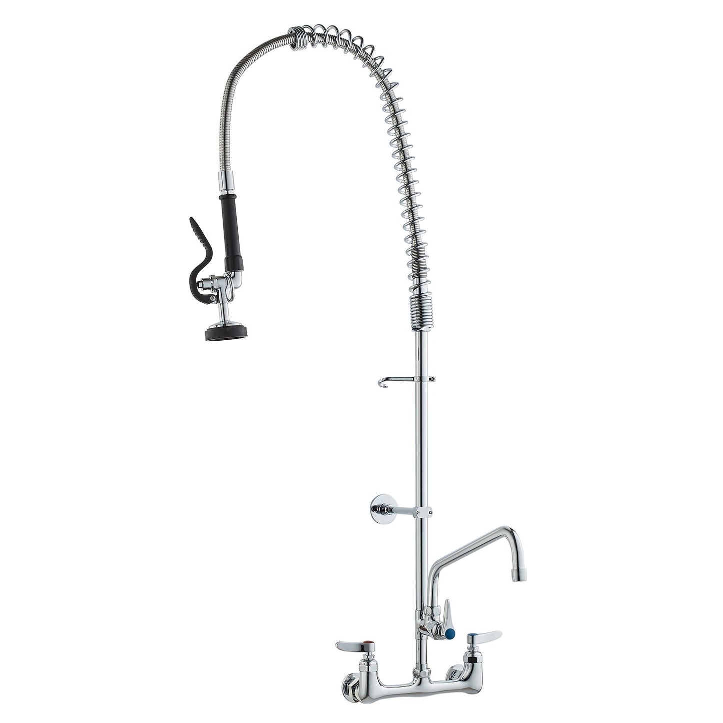 Commercial Faucet with Pre-Rinse Sprayer, 44" Height, 8" Center, 12" Swivel Spout, Wall Mounted Sink Faucet, Brass Constructed Unit with Pull-Down Spray, for 1/2/3-Bay Sink