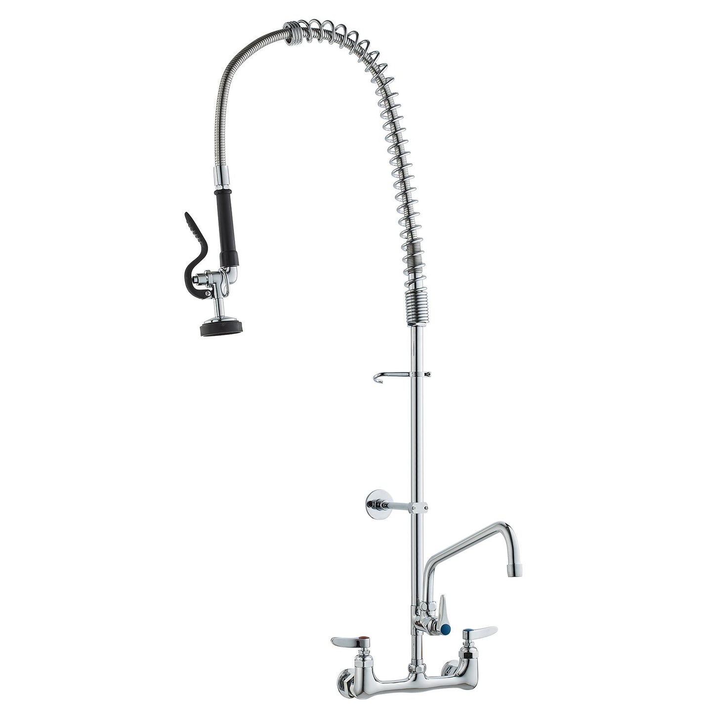 Commercial Faucet with Pre-Rinse Sprayer, 44" Height, 8" Center, 12" Swivel Spout, Wall Mounted Sink Faucet, Brass Constructed Unit with Pull-Down Spray, for 1/2/3-Bay Sink