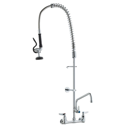 Commercial Faucet with Pre-Rinse Sprayer, 44" Height, 8" Center, 12" Swivel Spout, Wall Mounted Sink Faucet, Brass Constructed Unit with Pull-Down Spray, for 1/2/3-Bay Sink