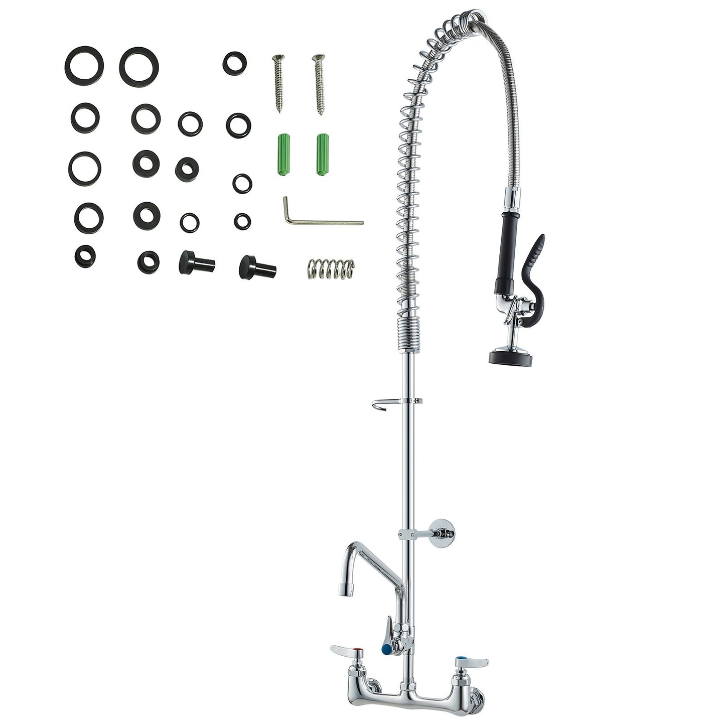 Commercial Faucet with Pre-Rinse Sprayer, 44" Height, 8" Center, 12" Swivel Spout, Wall Mounted Sink Faucet, Brass Constructed Unit with Pull-Down Spray, for 1/2/3-Bay Sink