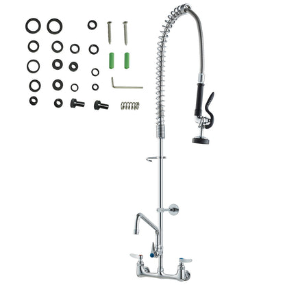 Commercial Faucet with Pre-Rinse Sprayer, 44" Height, 8" Center, 12" Swivel Spout, Wall Mounted Sink Faucet, Brass Constructed Unit with Pull-Down Spray, for 1/2/3-Bay Sink