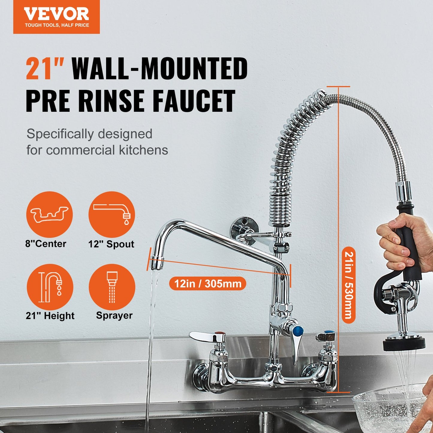 Commercial Faucet with Pre-Rinse Sprayer, 21" Height, 8" Center, 12" Swivel Spout, Wall Mounted Sink Faucet, Brass Constructed Unit with Pull Down Spray, for 1/2/3 Bowl Sink