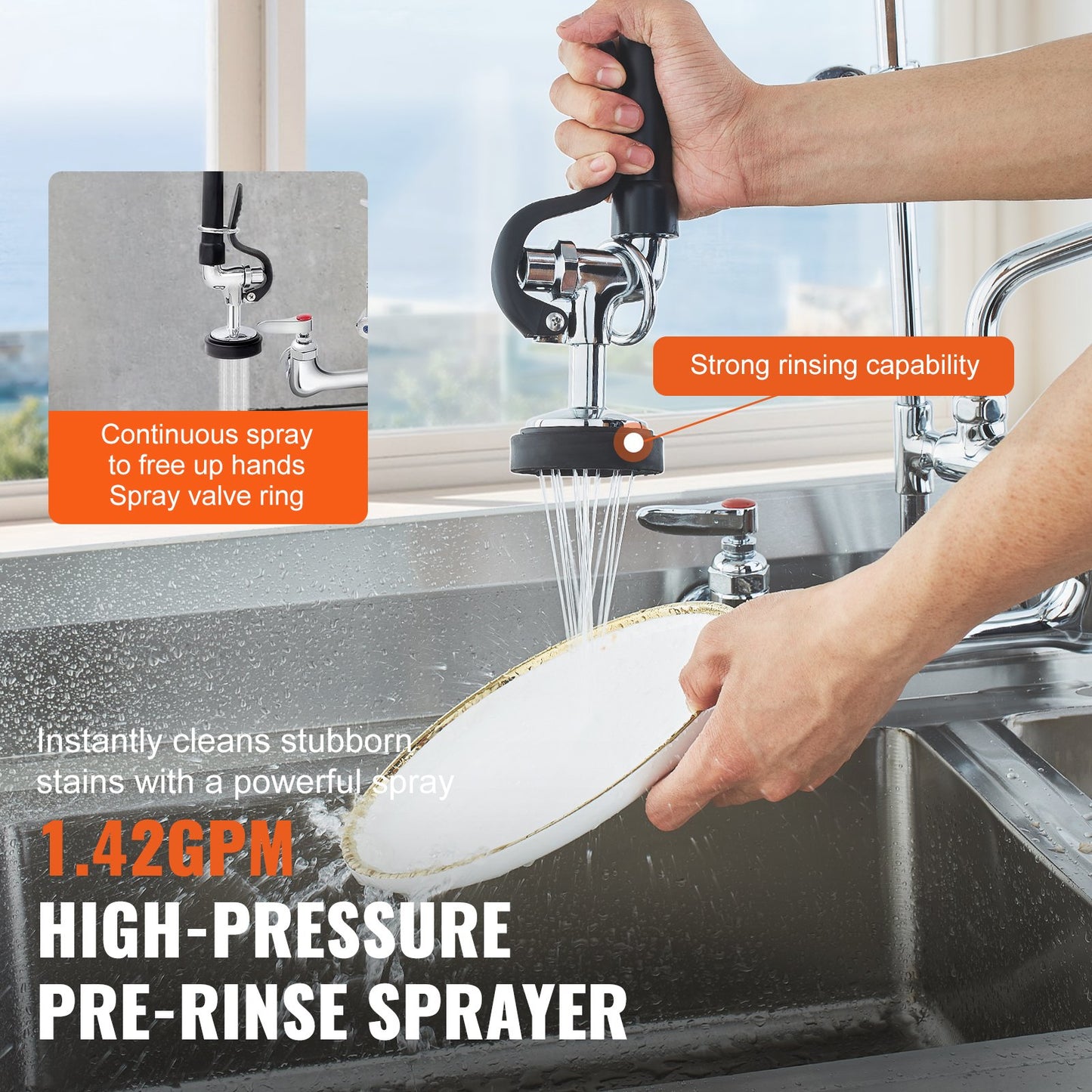 Commercial Faucet with Pre-Rinse Sprayer, 21" Height, 8" Center, 12" Swivel Spout, Wall Mounted Sink Faucet, Brass Constructed Unit with Pull Down Spray, for 1/2/3 Bowl Sink