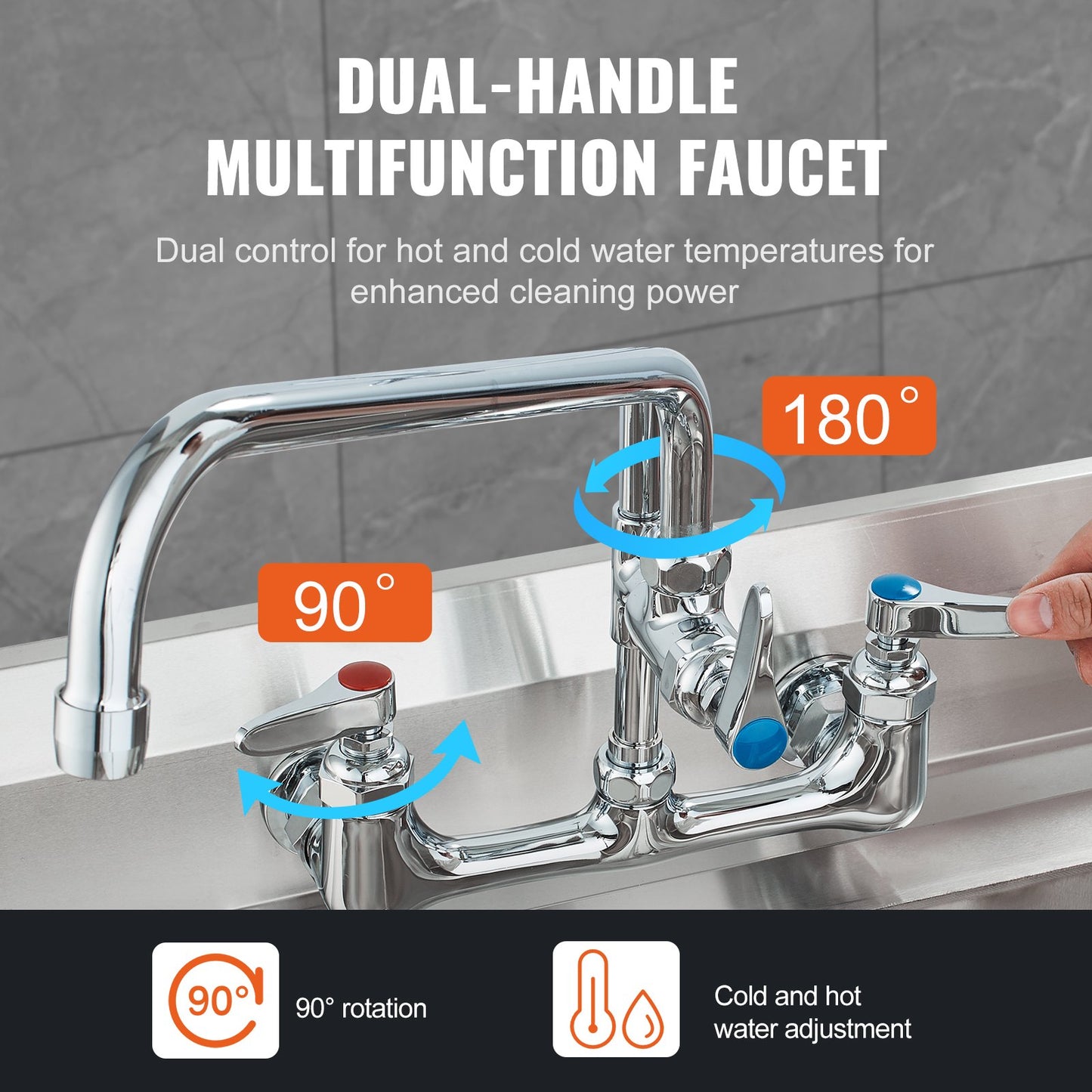 Commercial Faucet with Pre-Rinse Sprayer, 21" Height, 8" Center, 12" Swivel Spout, Wall Mounted Sink Faucet, Brass Constructed Unit with Pull Down Spray, for 1/2/3 Bowl Sink